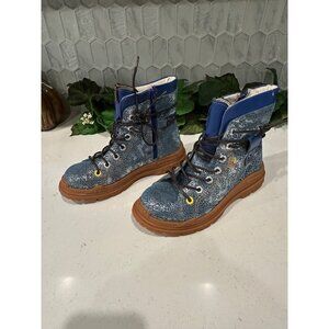 TMA Turquoise Blue Lace-Up Boots With Brown Sole & Side Zipper